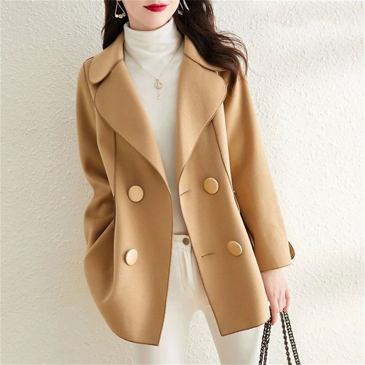 Women's Wool Blend Coat Cropped Jacket Pea Coat Double Breasted Lapel Coat Warm Winter Coat with Pockets Outerwear Long Sleeve Fall Khaki M L XL Elegant Lady Jacket 2023 - US $39.99 –P1