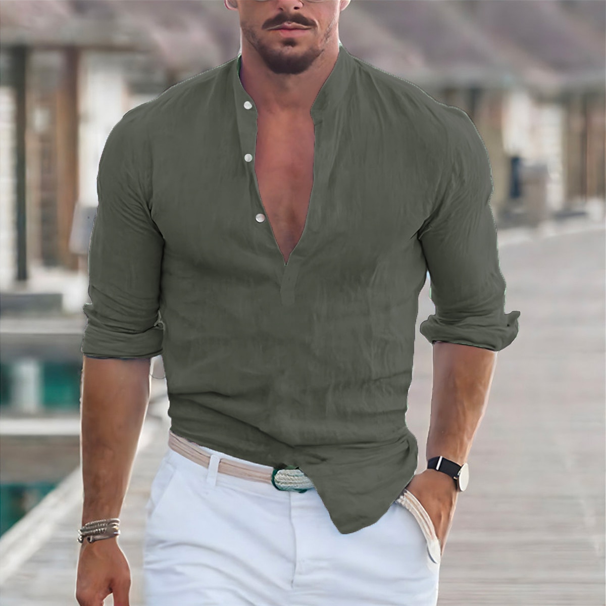 Męskie Koszula lniana Koszula Popover Codzienna koszula Koszula z kołnierzykiem Równina Urlop Przeklęty Czarny Biały Rumiany róż Granatowy Długi rękaw Kołnierz Wiosna i lato Odzież 2026 - $25.99 –P16