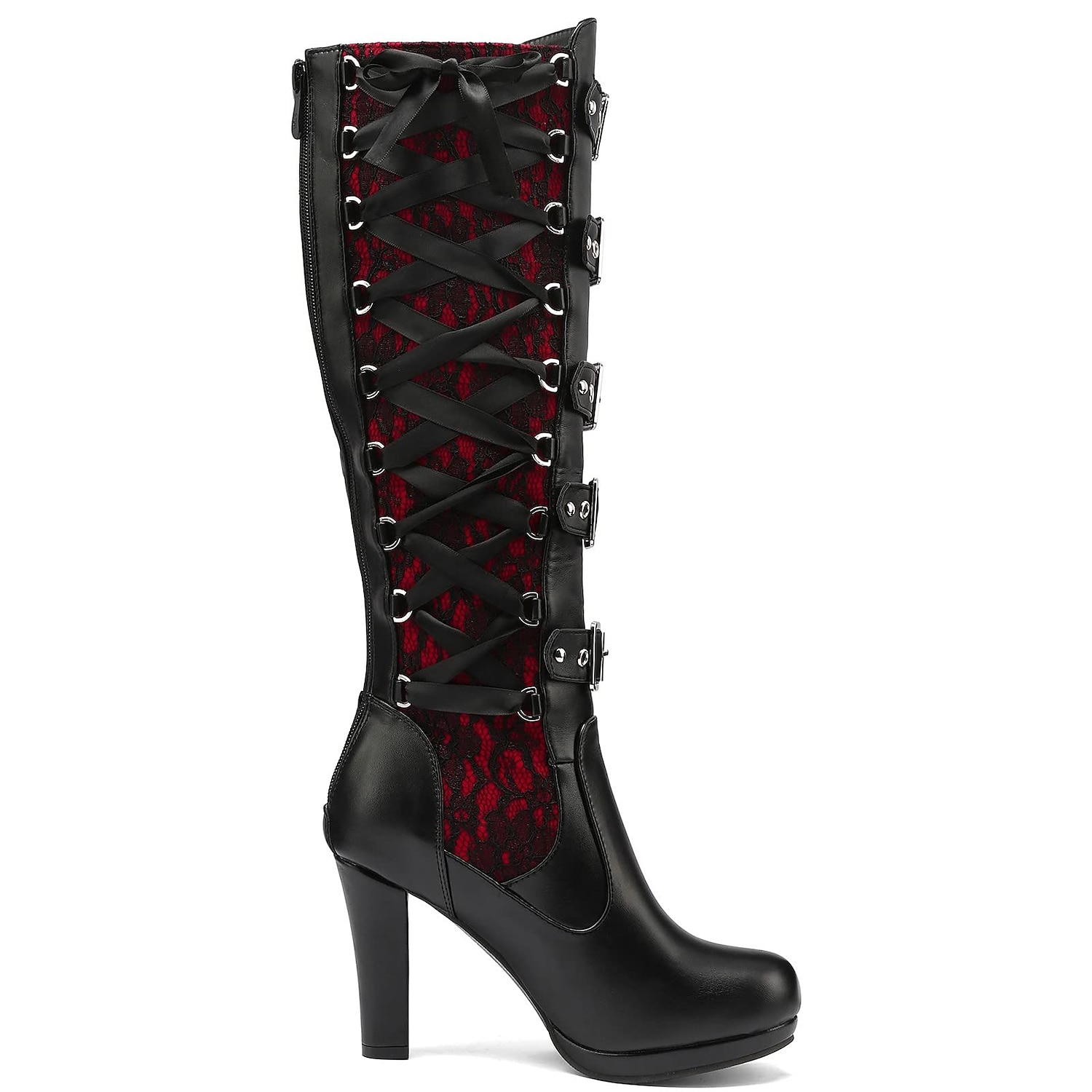 Women's Gothic Lace-Up High Heel Knee-High Boots with Multiple Buckle Straps - Steampunk Style Black Leather Boots with Red Lace Detailing, Perfect for Cosplay and Halloween 2025 - $79.99 –P3