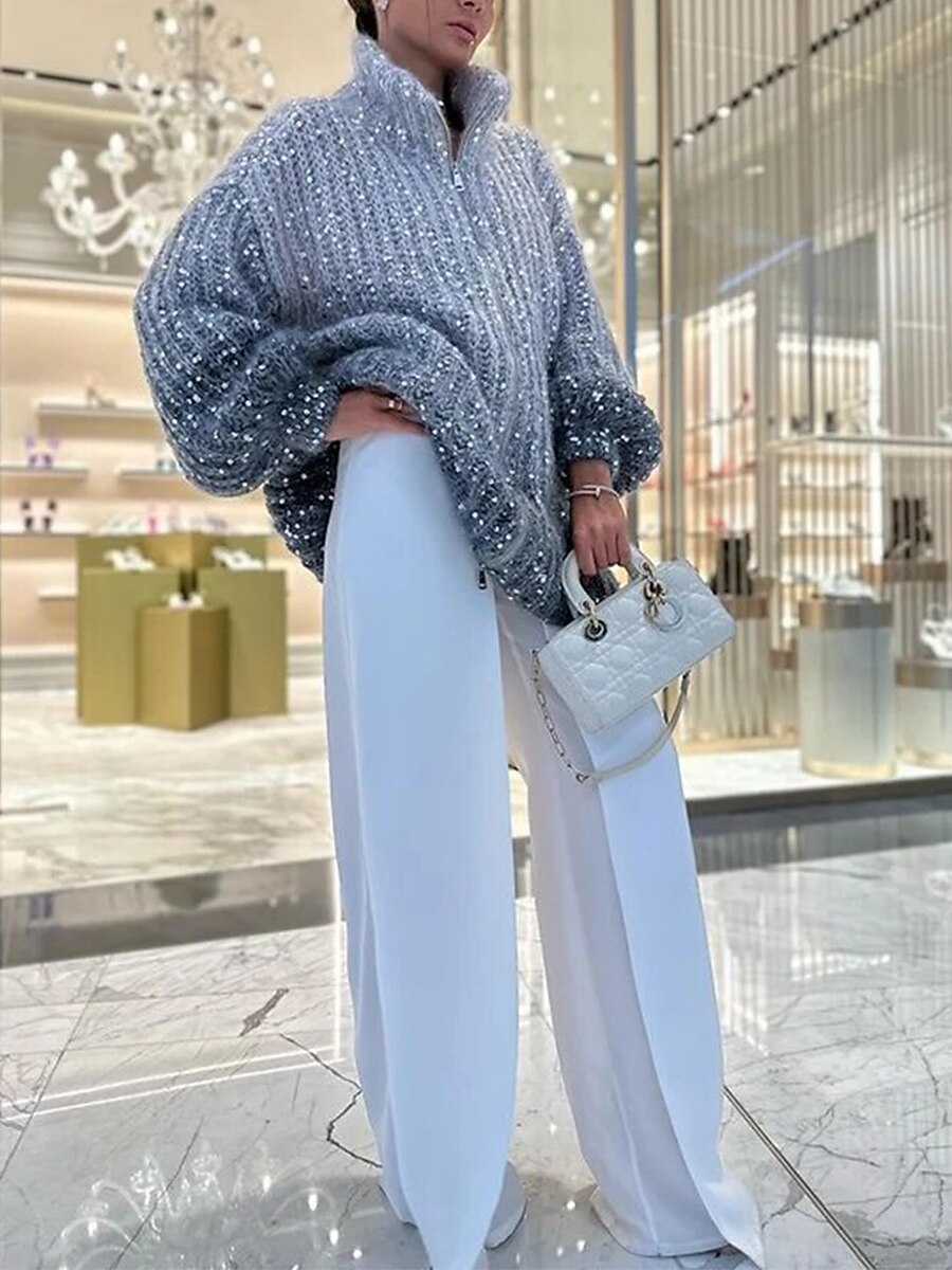 Women's Cardigan Sweater V Neck Ribbed Knit Polyester Sequins Patchwork Zipper Fall Winter Regular Outdoor Daily Going out Stylish Casual Soft Long Sleeve Color Gradient Blue Beige XS S M 2023 - US $53.99 –P7