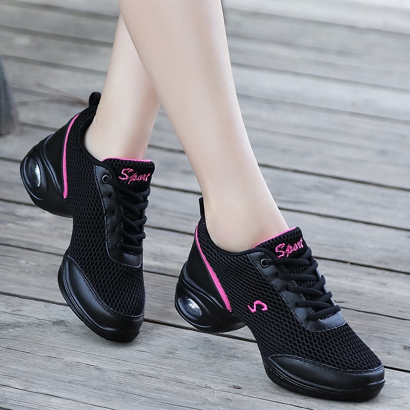 adidași de dans pentru femei de culoare neagră, cu accente roz, talpă despicată și talpă cu pernă de aer - cei mai buni pentru zumba și hip-hop 2025 - $34.99 –P4