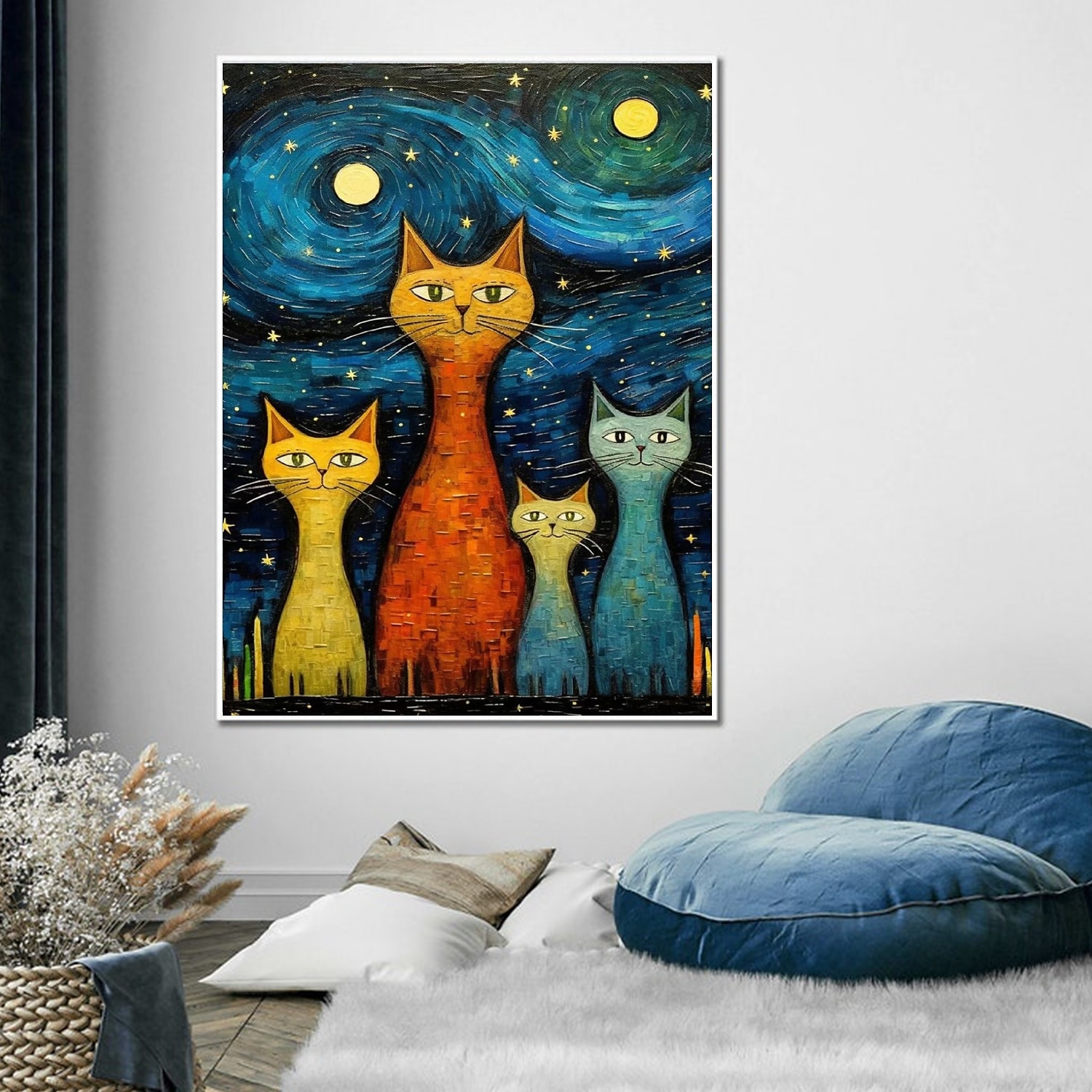 handgemalter Ölgemälde, Leinwand, Wandkunst, Dekoration, abstraktes Messergemälde, Sternenkatze im Van-Gogh-Stil, für Heimdekoration, gerolltes, rahmenloses, ungedehntes Gemälde 2025 - $178.99 –P6