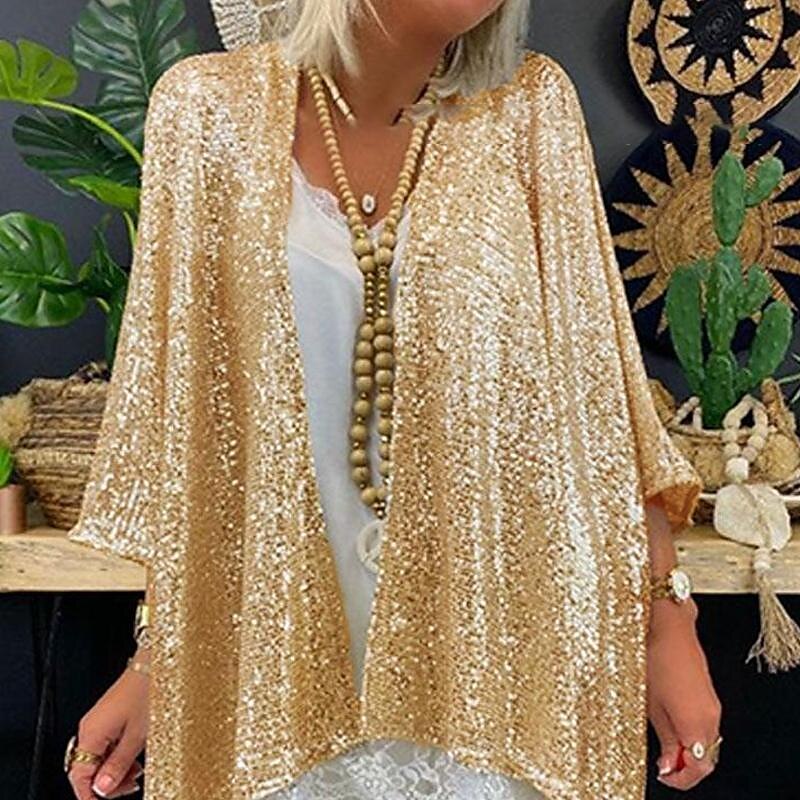 Women's Plus Size Jacket Sequins Formal Party Open Front  Sparkle & Shine 3/4 Sleeve Sequined Fall Wedding Guest Wraps With Glitter For Spring & Summer Wedding Mother of Bride dress to impress 2025 2025 - $59.99 –P1