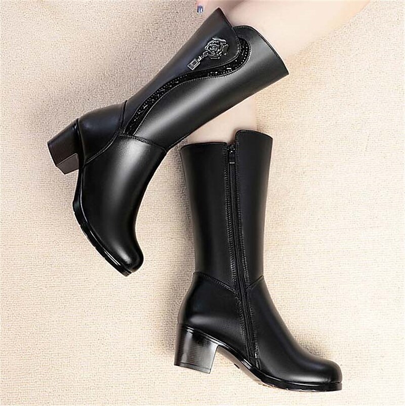 botas de inverno femininas pretas de cano médio com forro de pele sintética, enfeite de rosas e salto grosso – botas de neve quentes e elegantes de 2025 por $46.99 –P4