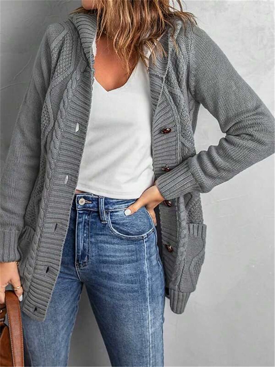Women's Cardigan Cable Knit Sweater Hooded Cable Knit Acrylic Button Pocket Knitted Fall Winter Regular Outdoor Daily Going out Stylish Casual Soft Long Sleeve Pure Color Black Dark Gray S M L 2023 - US $54.99 –P3