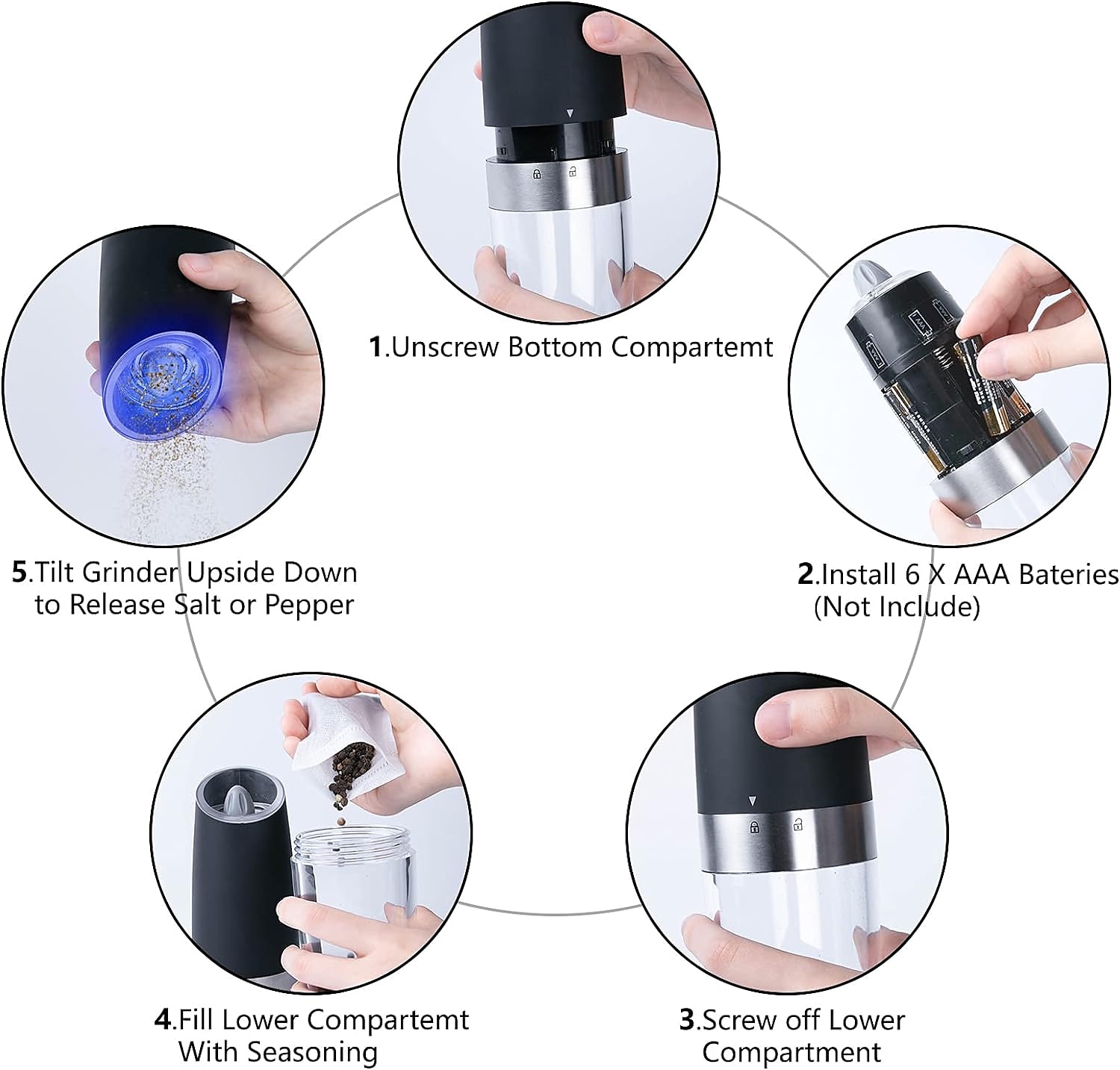 1 stk elektrisk salt- og pepperkvern, gravitasjonssensor, automatisk pepperkvern, enhåndsbetjening, batteridrevet med justerbar grovhet, blått led lys 2025 - $27.99 –P3