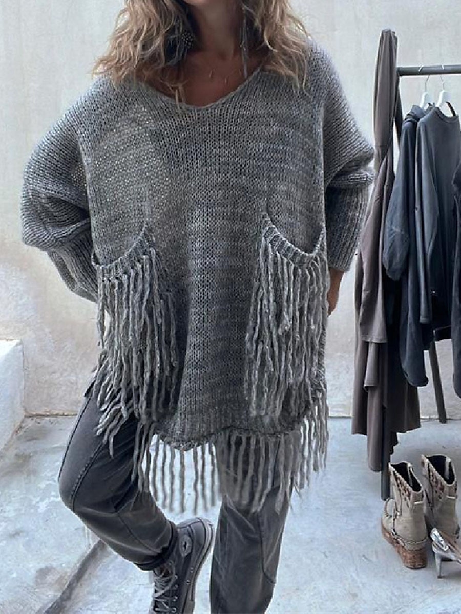 Dame Pullover genser Mote Gatemote Fritid Helfarge Riflet Crew-hals Lomme Dusker Strikket Langermet Lange topper Strikke utendørs Daglig Ut på byen Kamel Grønn Høst Vinter 2025 - $41.99 –P5