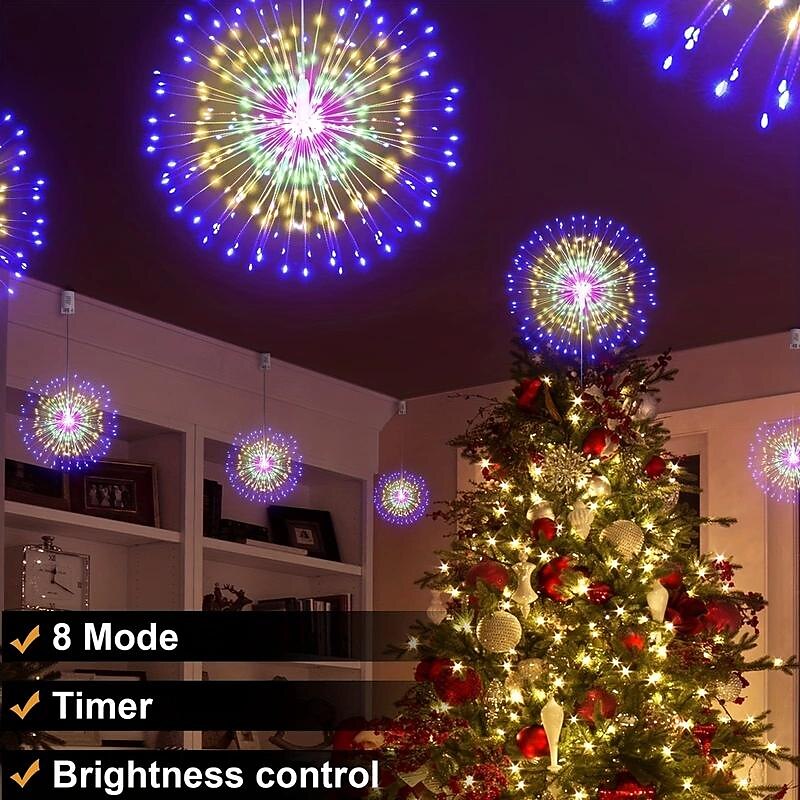 1/2 Pcs Firework Lights 200 LED Copper Wire Starburst Light, 8 Modes Battery Operated Fairy Star Sphere Lights With Remote, Warm White Hanging Ceiling Decorations For Bedroom, Christmas, Party 2025 - $28.99 –P9