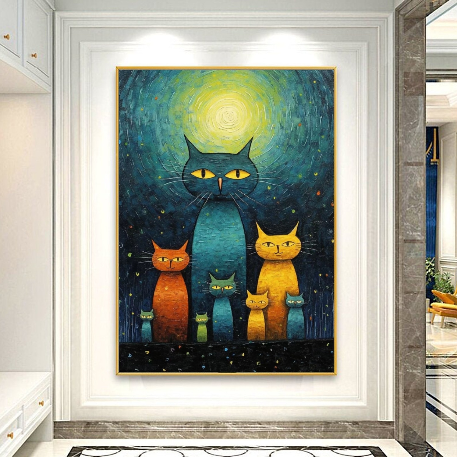 handgemalter Ölgemälde, Leinwand, Wandkunst, Dekoration, abstraktes Messergemälde, Sternenkatze im Van-Gogh-Stil, für Heimdekoration, gerolltes, rahmenloses, ungedehntes Gemälde 2025 - $178.99 –P5