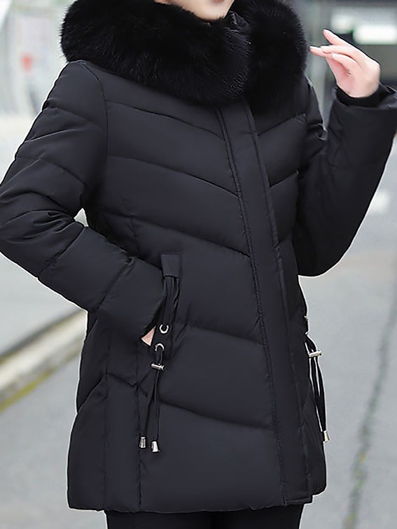 Women's Parka Long Puffer Jacket Winter Coat Thermal Warm Heated Coat with Fur Collar Hood Zipper Windproof Coat with Pockets Drawstring Outerwear Green Wine Black 2023 - US $41.99 –P1