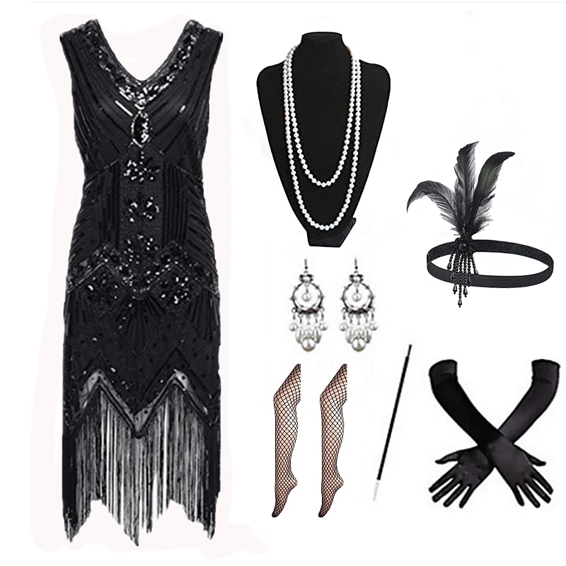 Rugido 20s 1920s Hasta la Rodilla Vestido Flapper Accesorios Diadema de estilo flapper Sin Mangas El gran Gatsby Invitado a la boda Lentejuelas Borlas Escote en Pico Disfraz Mujer Navidad Carnaval 2026 - $48.99 –P1