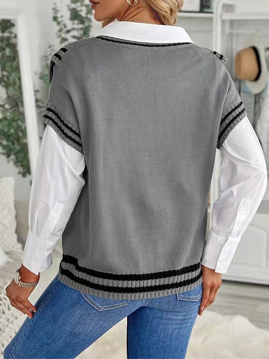 Women's Sweater Vest V Neck Ribbed Knit Acrylic Patchwork Fall Winter Regular Outdoor Daily Going out Stylish Casual Soft Short Sleeves Striped Black Khaki Gray S M L 2023 - US $28.99 –P3