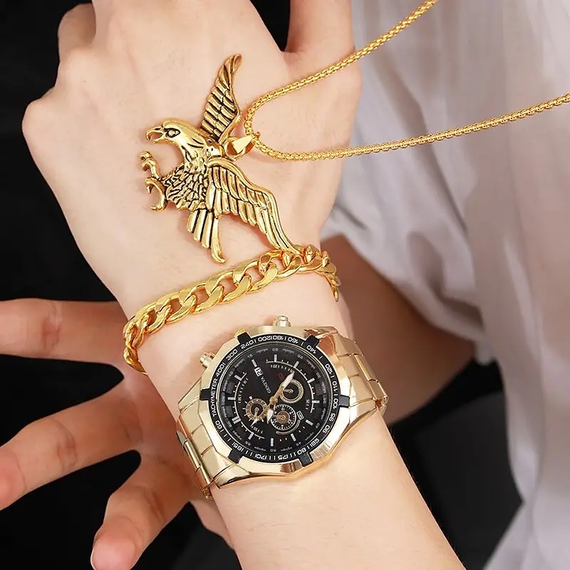 3 Stück/Set Mode Herren Geschäfts Quarz Uhr  Casual Halskette  Armband 2025 - $23.99 –P4