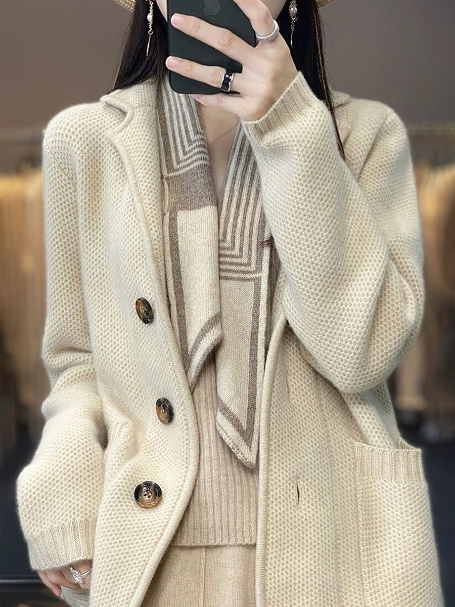 Damskie Sweter rozpinany Sweter kurtka Moda Moda miejska Codzienny Jednokolorowe Gofrowana Kołnierzyk koszuli Guziki Dzianiny Długi rękaw Zwykłe topy Robić na drutach Na zewnątrz Codzienny Wyjściowe 2025 - $55.99 –P1