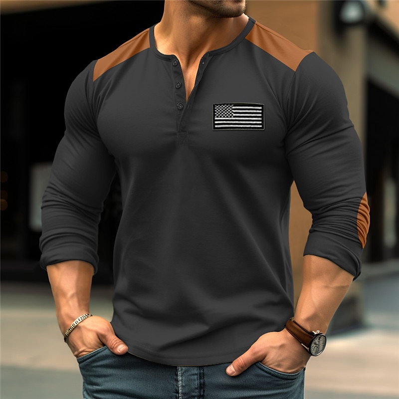 Férfi Gombos póló Henley ing Tee Top Hosszú ujjú ing Hosszú ujj Henley Tavasz & Ősz Színes Zászló Divat Dizájn Alap Hímzett Vakáció Utca Alkalmi Fekete Fehér Khakizöld Férfi felső póló 2025 - $8.39 –P3