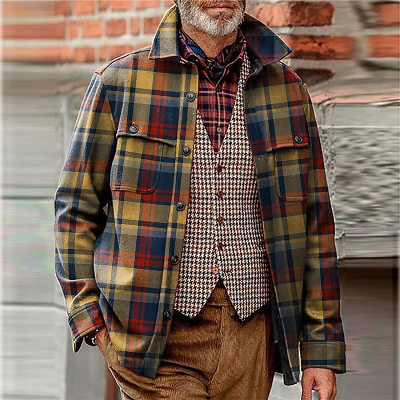 Herren Plaid Farbblock Hemd Hemdjacke Overshirt Langarm Vintage Outdoor Strasse Casual Herbst Winter Umlegekragen Knopf Tasche Bedruckt Grün Kaki 2025 - $37.99 –P2