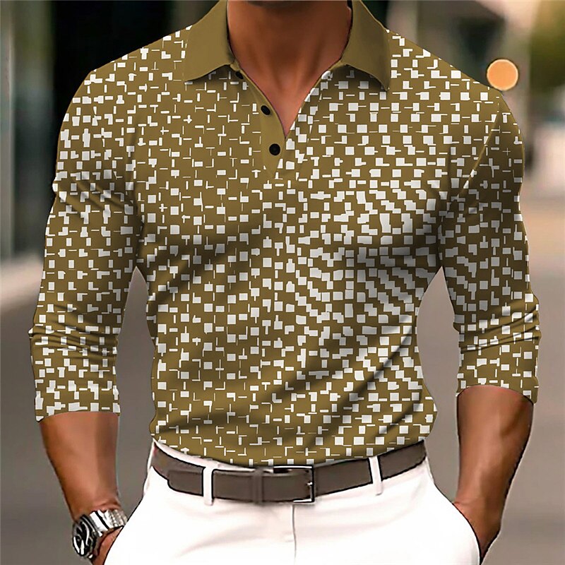 Men's Geometric Polo Shirts Golf Shirt Long Sleeve Polo Shirts Collared Shirts Business Casual WorkWear Formal Wear Festival Wear Buttons 3D Print Fall & Winter White Blue Brown 2025 - $23.99 –P5