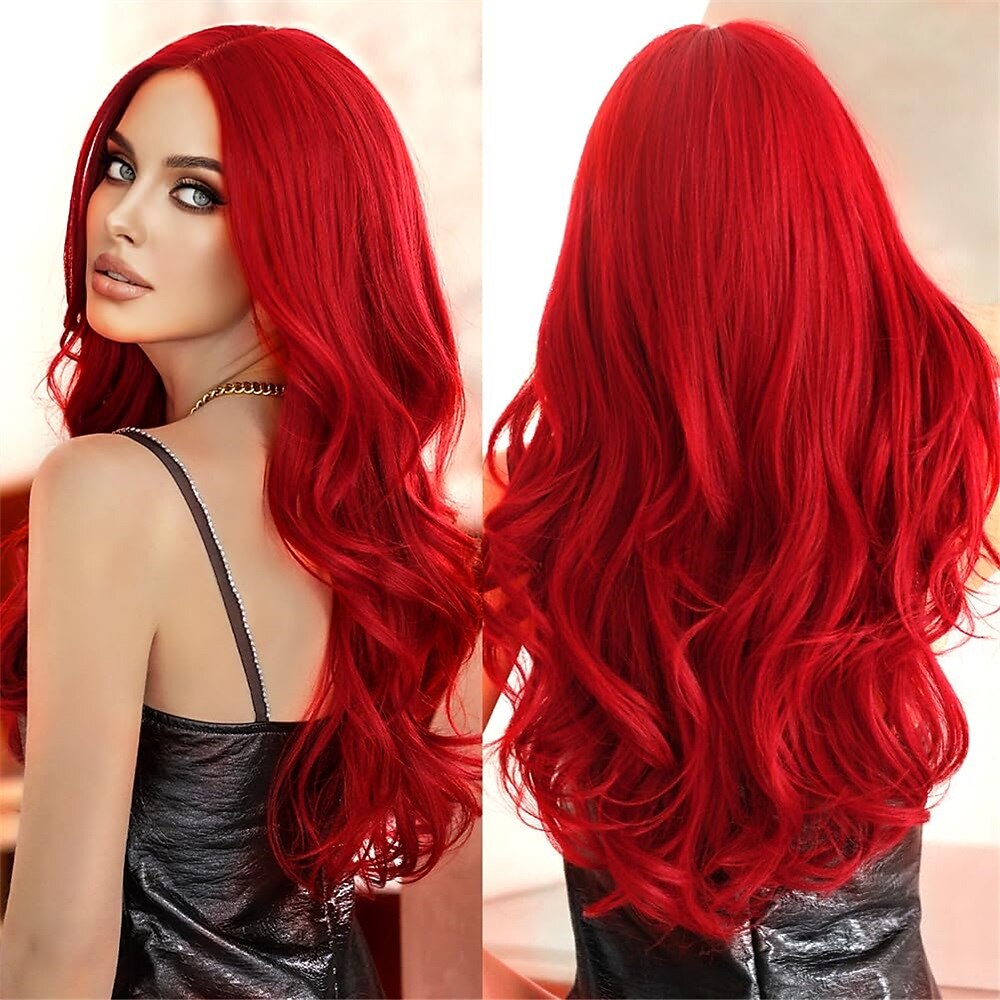 Perruque rouge pour femme longue ondulée bouclée avec raie centrale, aspect naturel, fibre synthétique résistante à la chaleur, pour usage quotidien, fête de Noël, 26 pouces de 2025 ? $24.99 –P4