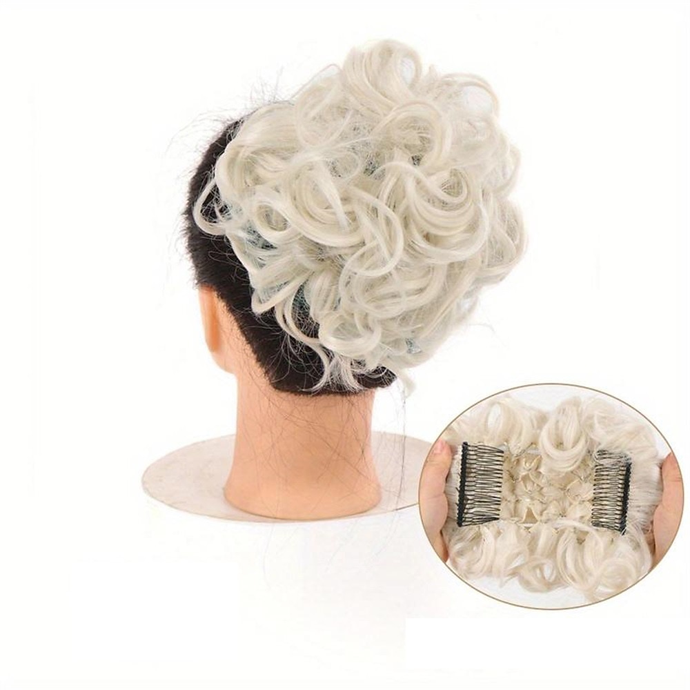 mariée gros chignon en désordre, chignon bouclé synthétique avec clips de peigne, queue de cheveux couverture chignon extension de queue de cheval faux cheveux naturels de 2025 ? $11.99 –P19