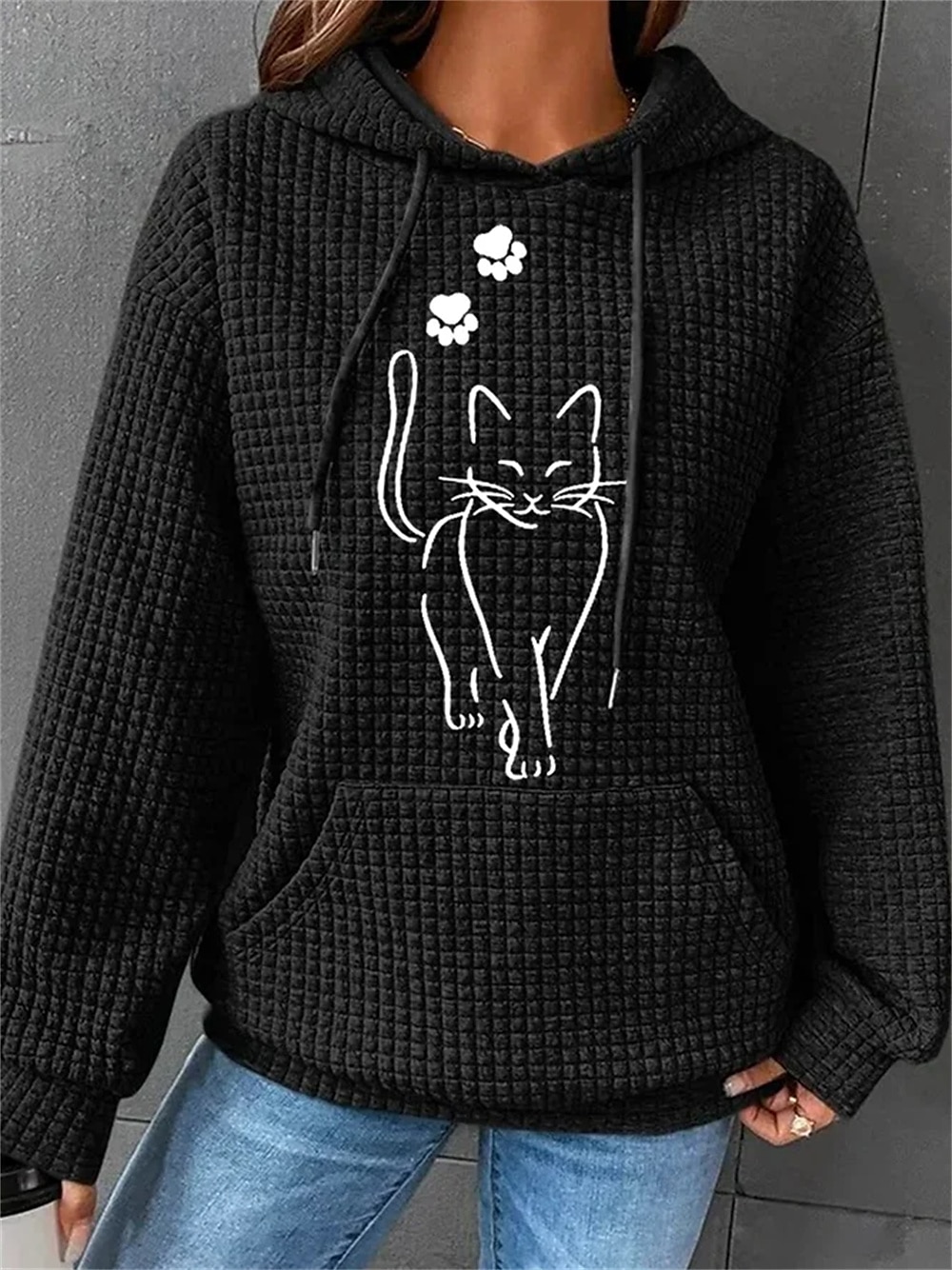 Women's Sporty ChicOversized Hoodie Sweatshirt Pullover Active Sportswear Textured Cat Casual Sports Hoodie Drawstring Print Front Pocket Long Sleeve Black White Pink Green Gray Fall & Winter 2025 - $29.99 –P5
