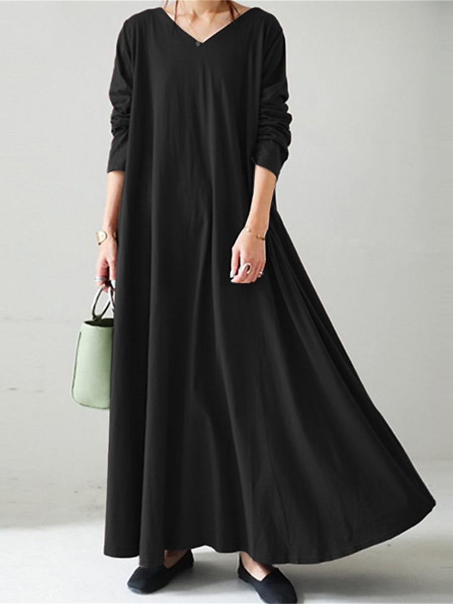 Women's Long Dress Maxi Dress Linen-Inspired Dresses Black Dress Casual Dress Winter Dress Fashion Streetwear Mature Outdoor Street Daily Loose Fit Long Sleeve V Neck Black Yellow Brown Dark Blue 2025 - $28.99 –P3