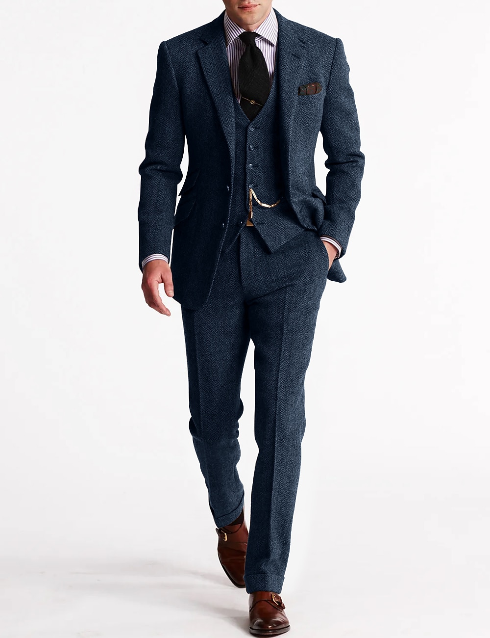 Men's Tweed Herringbone Suits 3 Piece Vintage Retro Plus Size Solid Colored Tailored Fit Single Breasted Two-buttons Brown Burgundy Dark Navy Green Fall/Winter 2025 - GBP £121 –P4