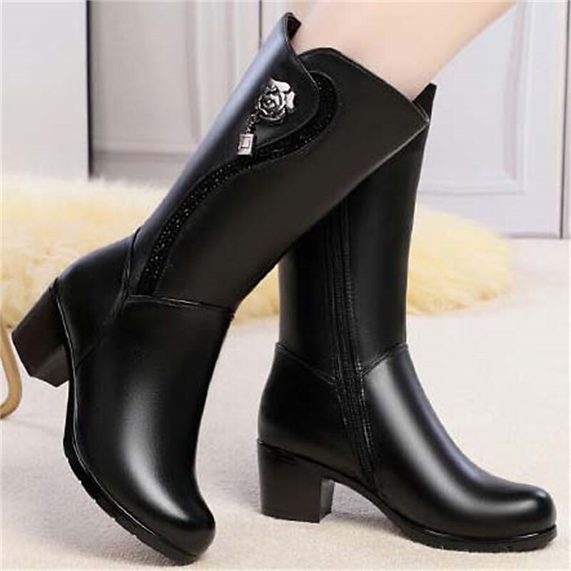 botas de inverno femininas pretas de cano médio com forro de pele sintética, enfeite de rosas e salto grosso – botas de neve quentes e elegantes de 2025 por $46.99 –P3