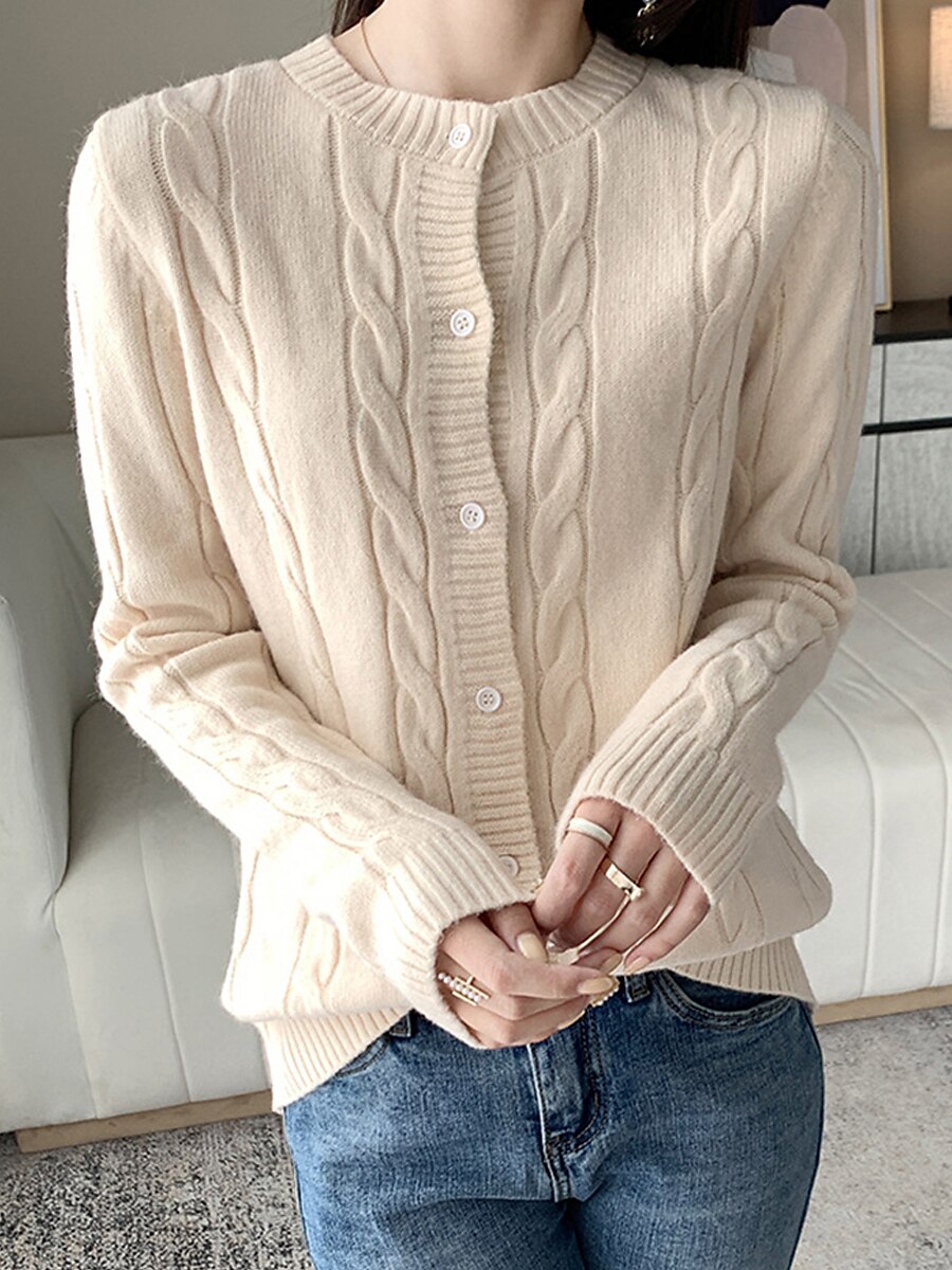 Women's Cardigan Sweater Jacket Crew Neck Cable Knit Polyester Button Knitted Fall Winter Regular Outdoor Daily Going out Fashion Streetwear Casual Long Sleeve Solid Color off white Black Camel S M L 2023 - US $28.99 –P8