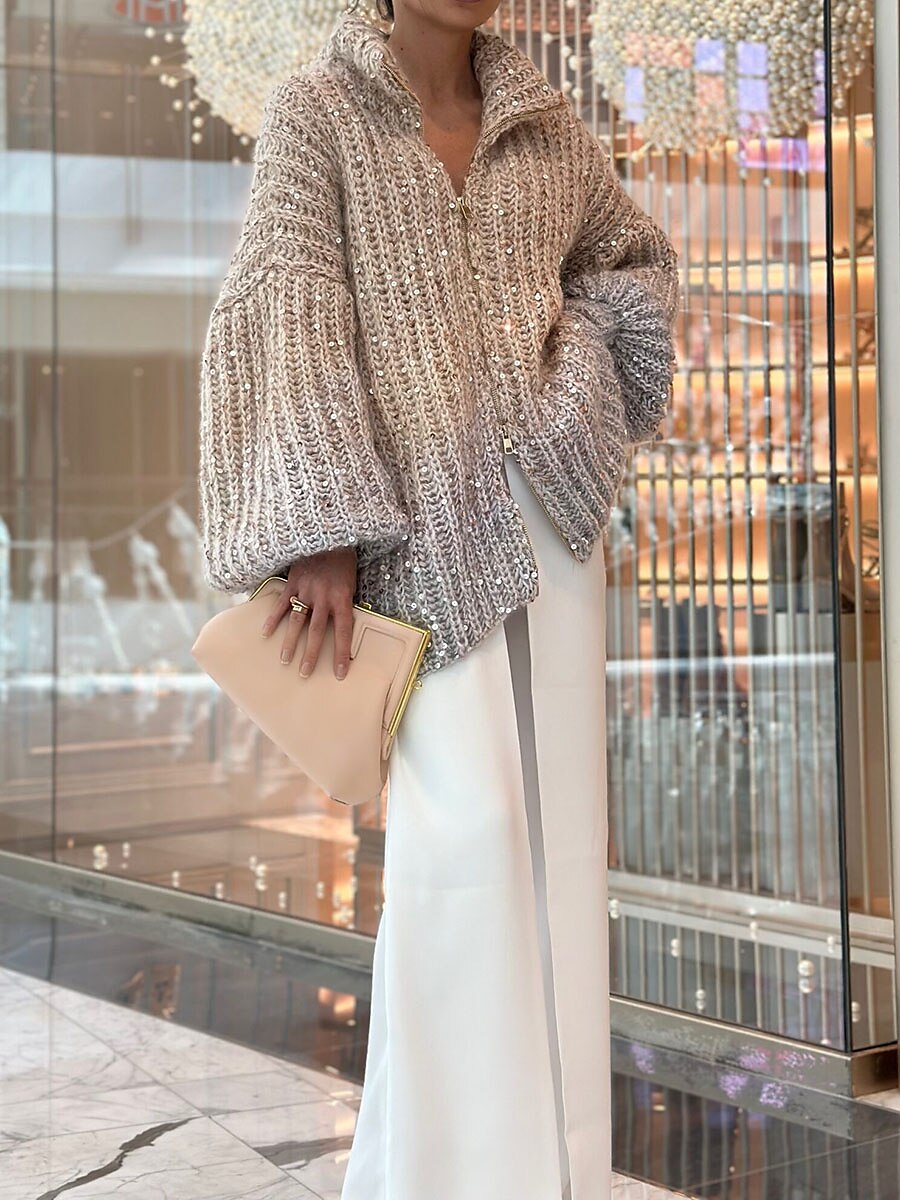 Women's Cardigan Sweater V Neck Ribbed Knit Polyester Sequins Patchwork Zipper Fall Winter Regular Outdoor Daily Going out Stylish Casual Soft Long Sleeve Color Gradient Blue Beige XS S M 2023 - US $53.99 –P5