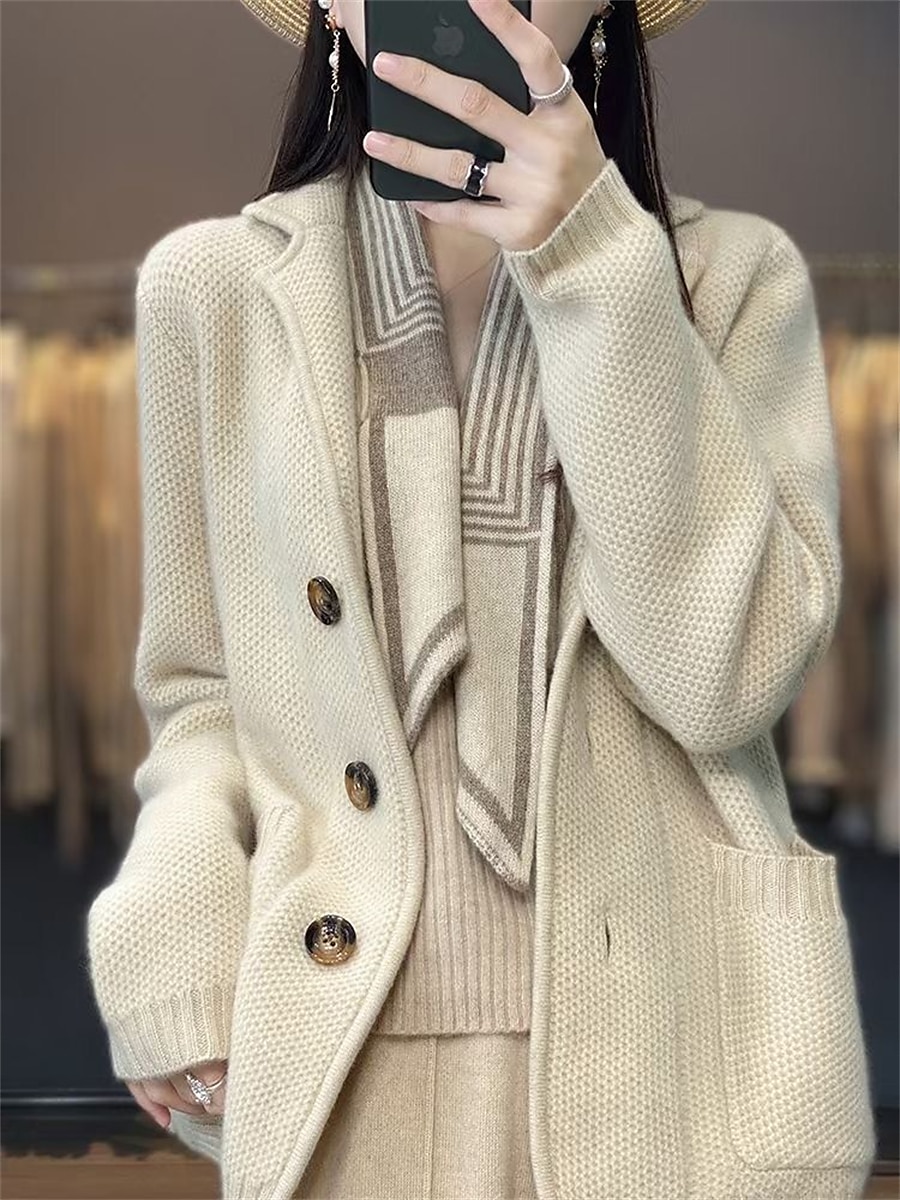 Damskie Sweter rozpinany Sweter kurtka Moda Moda miejska Codzienny Jednokolorowe Gofrowana Kołnierzyk koszuli Guziki Dzianiny Długi rękaw Zwykłe topy Robić na drutach Na zewnątrz Codzienny Wyjściowe 2025 - $55.99 –P3