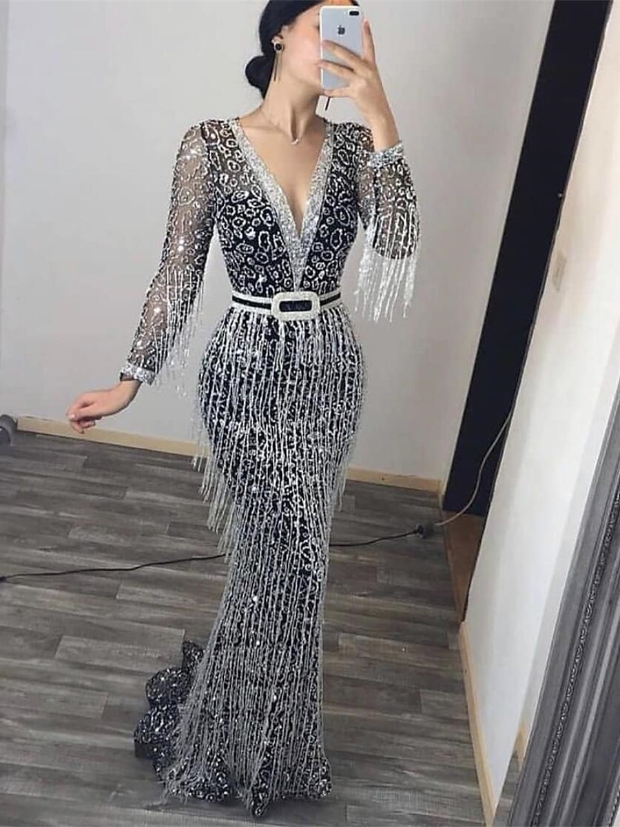 Women‘s Sequin Dress Fringe Dress Prom Dress Party Dress Sparkly Dress Black Dress Black Long Dress Maxi Dress Long Sleeve Fall Winter Autumn Deep V Fashion Guest Birthday 2023 - US $39.99 –P2