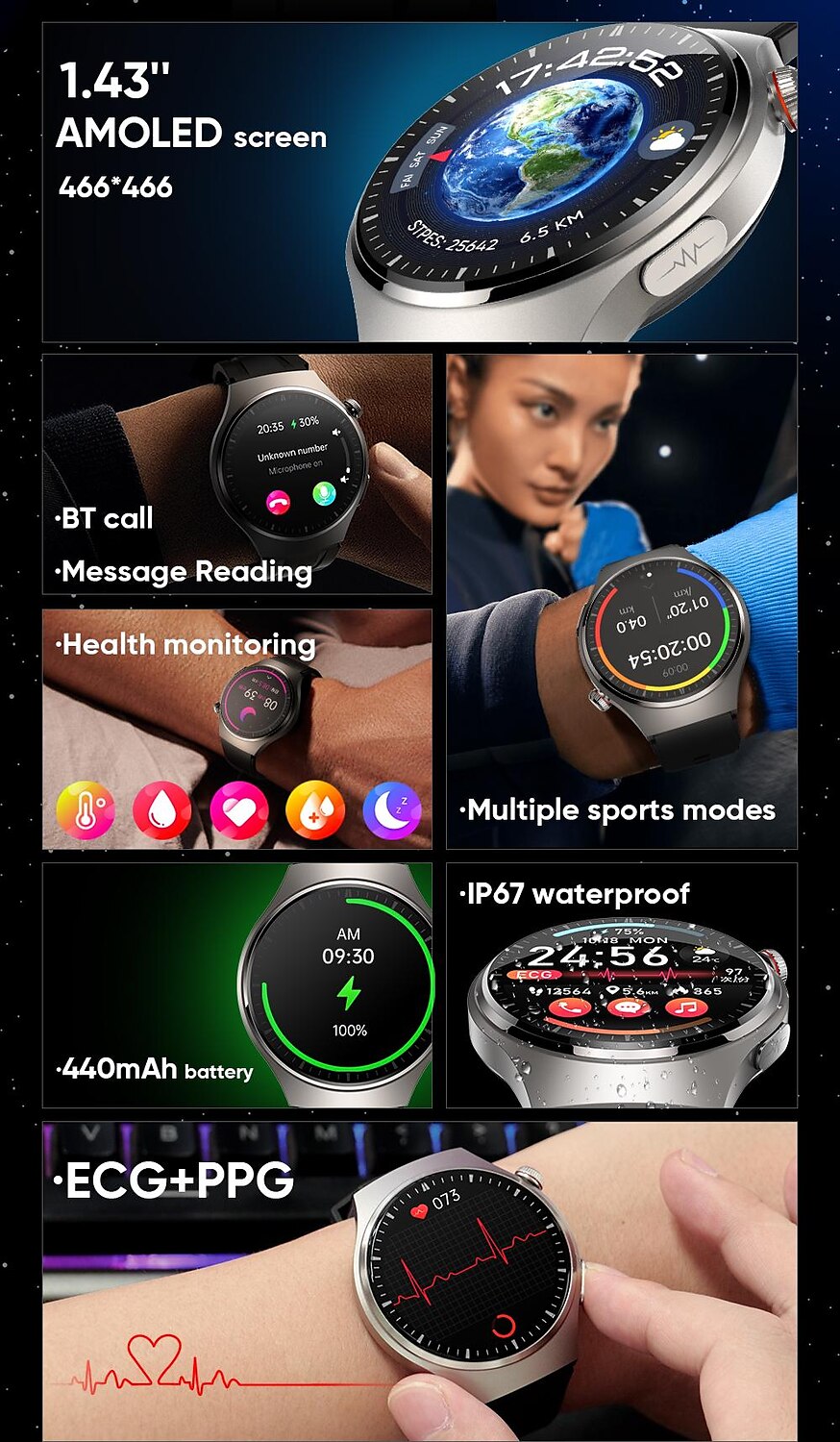 2025年 iMosi MT200 スマートウォッチ 1.43 インチ スマート·ウォッチ ブルートゥース ECG + PPG 温度監視 歩数計 と互換性があります Android iOS 女性 男性 長時間スタンバイ ハンドフリーコール 防水 IP 67 48mmウォッチケース  コレクション – $68.99 –P2