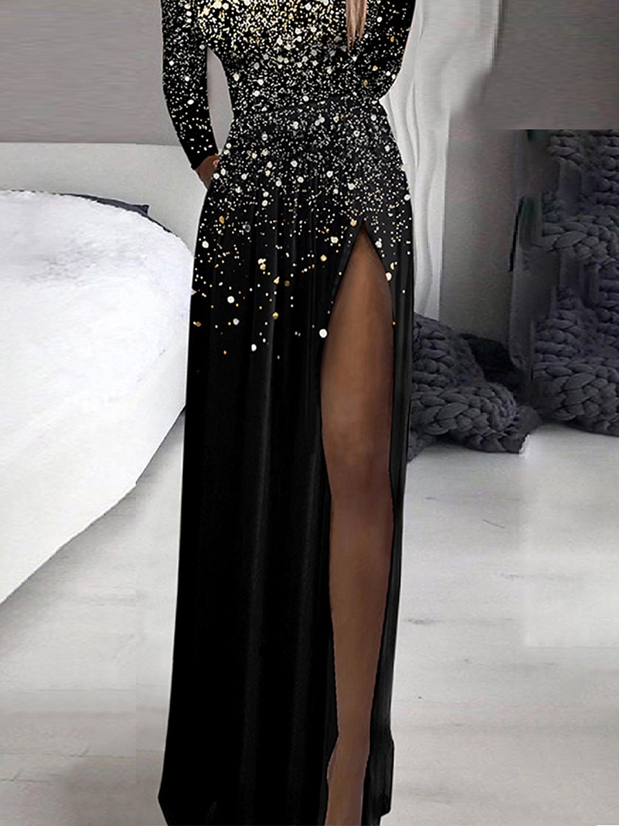 Women's Black Dress Prom Dress Party Dress Sequin Dress Sheath Dress Long Dress Maxi Dress Black Long Sleeve Pure Color Sequins Fall Winter Autumn High Neck Fashion Evening Party Vacation 2023 - US $35.99 –P3