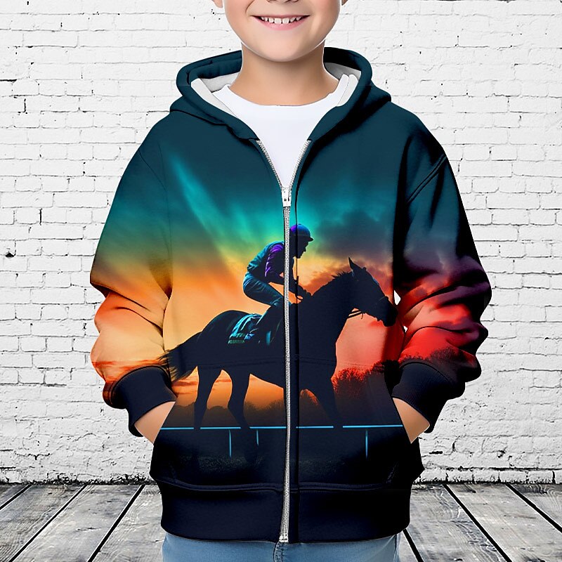 Pojkar 3D Häst Huvtröja Kappa Ytterkläder Långärmad 3D-tryck Höst Vinter Mode Streetwear Häftig Polyester Barn 3-12 år Utomhus Ledigt Dagligen Normal 2025 - $18.49 –P3