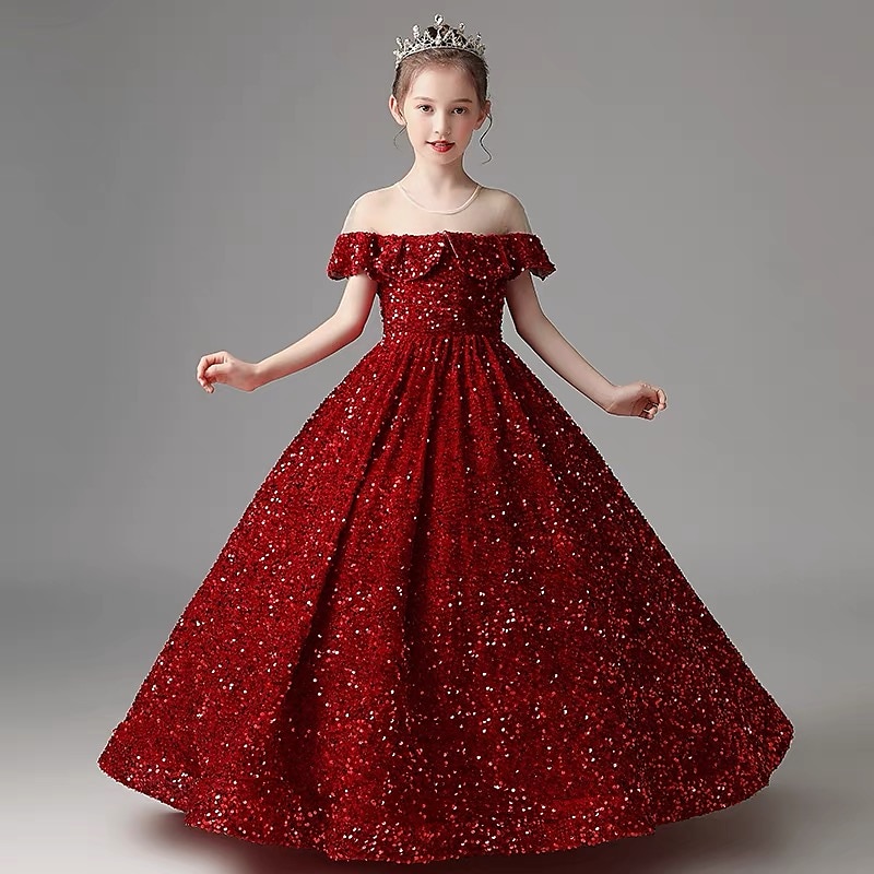 Blomsterpikekjole Jente Kjole Aftenkjole Festkjole Bryllup Fest søt stil Prinsesse Rynket Netting Kortermet Crew-hals Sølv Svart 3-12 år 2025 - $84.99 –P14