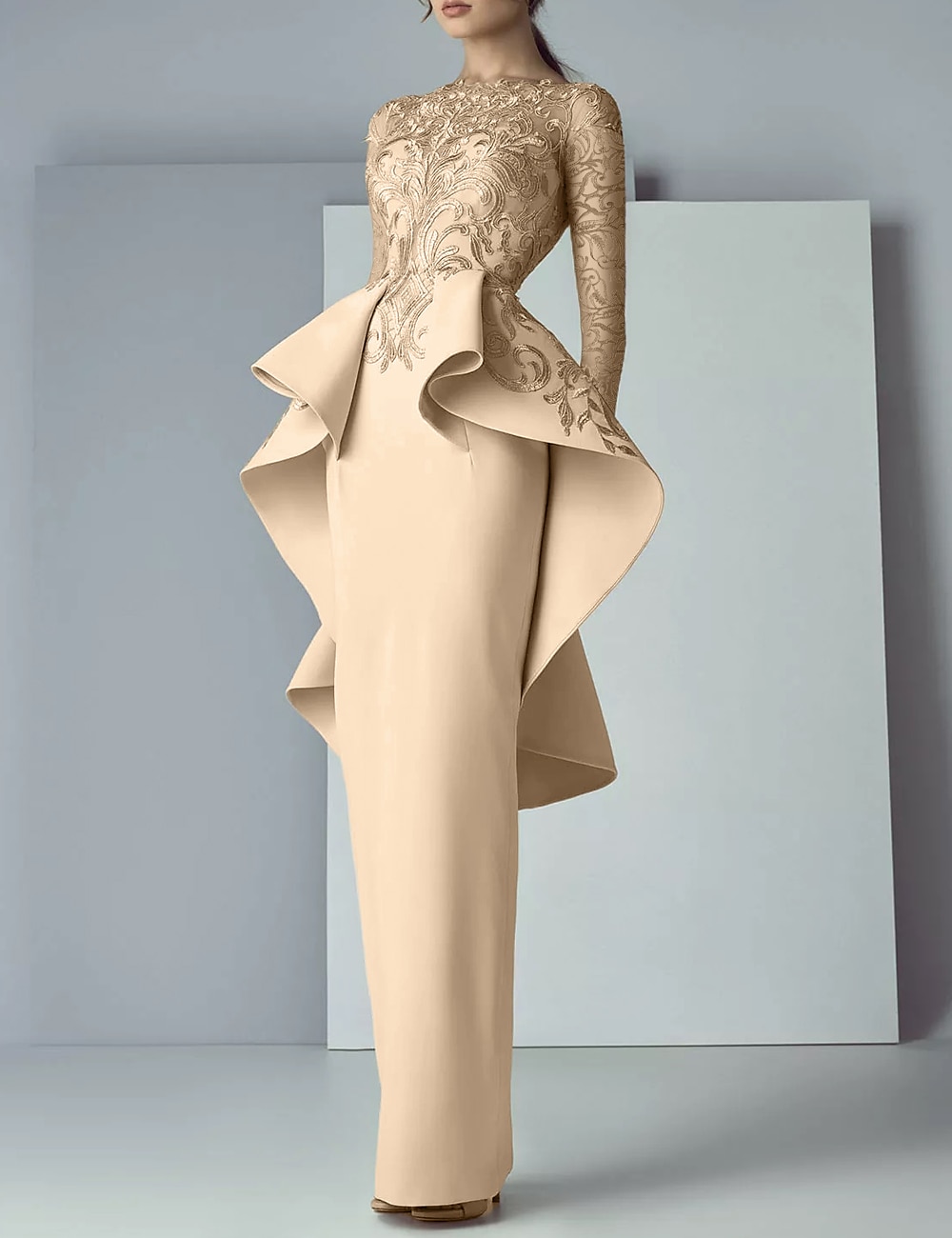 Sheath Mother of the Bride Dress Formal Wedding Guest Elegant Party Scoop Neck Floor Length Lace Stretch Fabric Long Sleeve Ruffles Appliques free custom size 2025 - $227.99 –P1