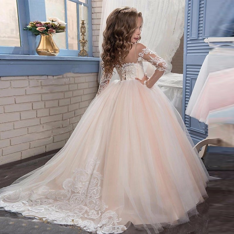 Blumenmädchenkleid Mädchen Prinzessinenkleid Kleid für die Erstkommunion Party Kleid Leistung Hochzeit Party Prinzessin Süß Gitter Feste Farbe Langarm Rundhalsausschnitt Weiß Elfenbein 2-12 Jahre 2025 - $73.99 –P2