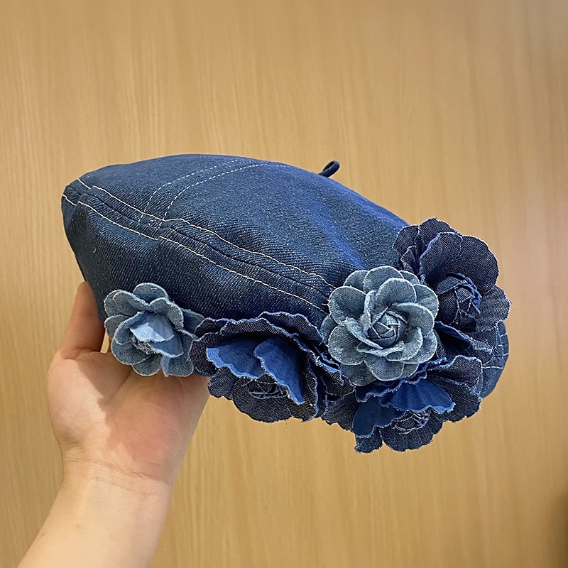 berretto berretto con decorazioni floreali vintage per donna berretti lavati in denim blu cappello ottagonale leggero cappelli classici da pittore del 2025 a $38.99 –P1