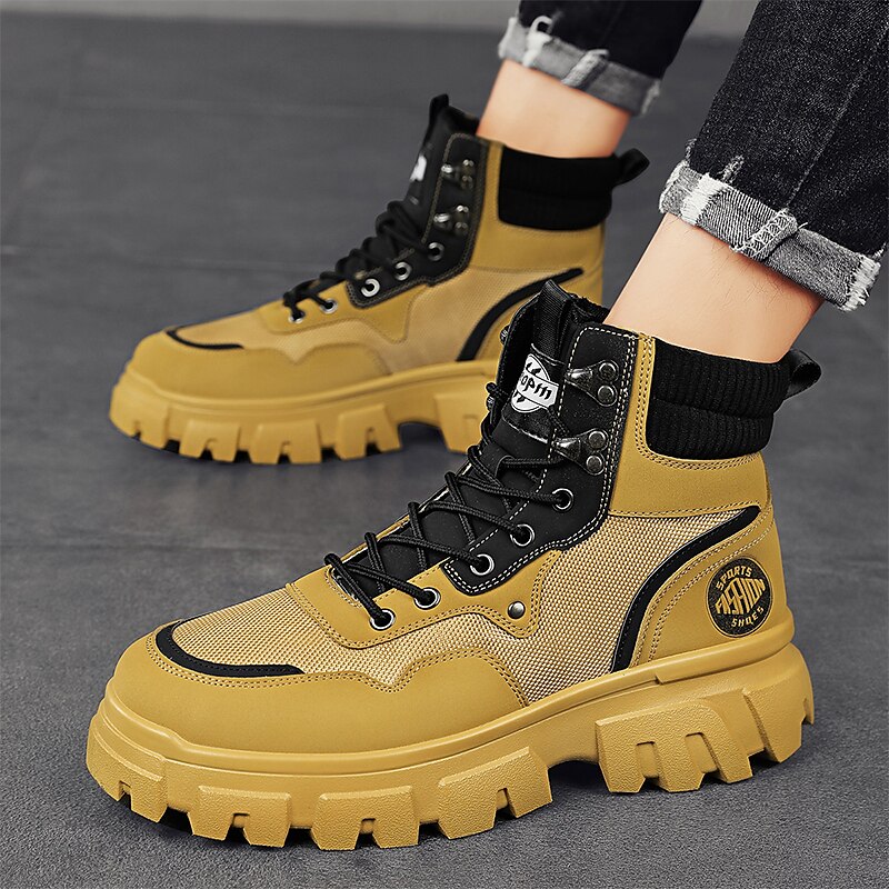 Men's Boots Work Boots Walking Vintage Casual Daily PU Height Increasing Mid-Calf Boots Lace-up Black Yellow Green Fall Winter 2023 - AED 179.99 –P8