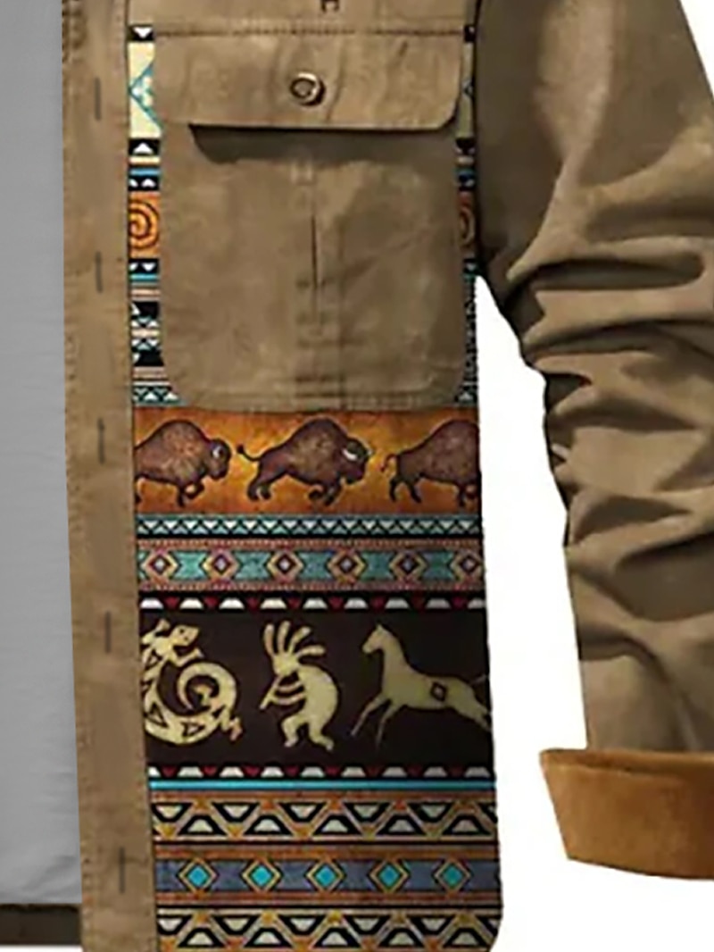 Муж. Этно Бандана с принтом Рубашка Куртка-рубашка Длинный рукав Винтаж Туземные на открытом воздухе Для улицы На каждый день Наступила зима Отложной Пуговицы Карман С принтом Коричневый 2025 - $32.99 –P4