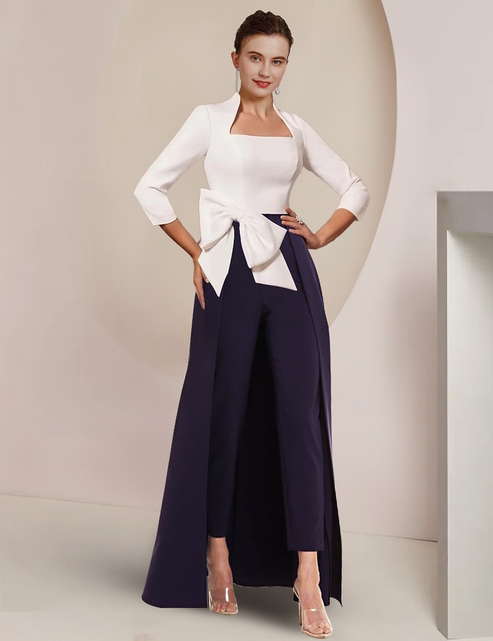 Jumpsuit / Pantsuit Mother of the Bride  Formal Wedding Guest Elegant Party Square Neck Ankle Length Stretch Fabric 3/4 Length Sleeve with Bow(s) Color Block free custom size 2025 - $163.99 –P1