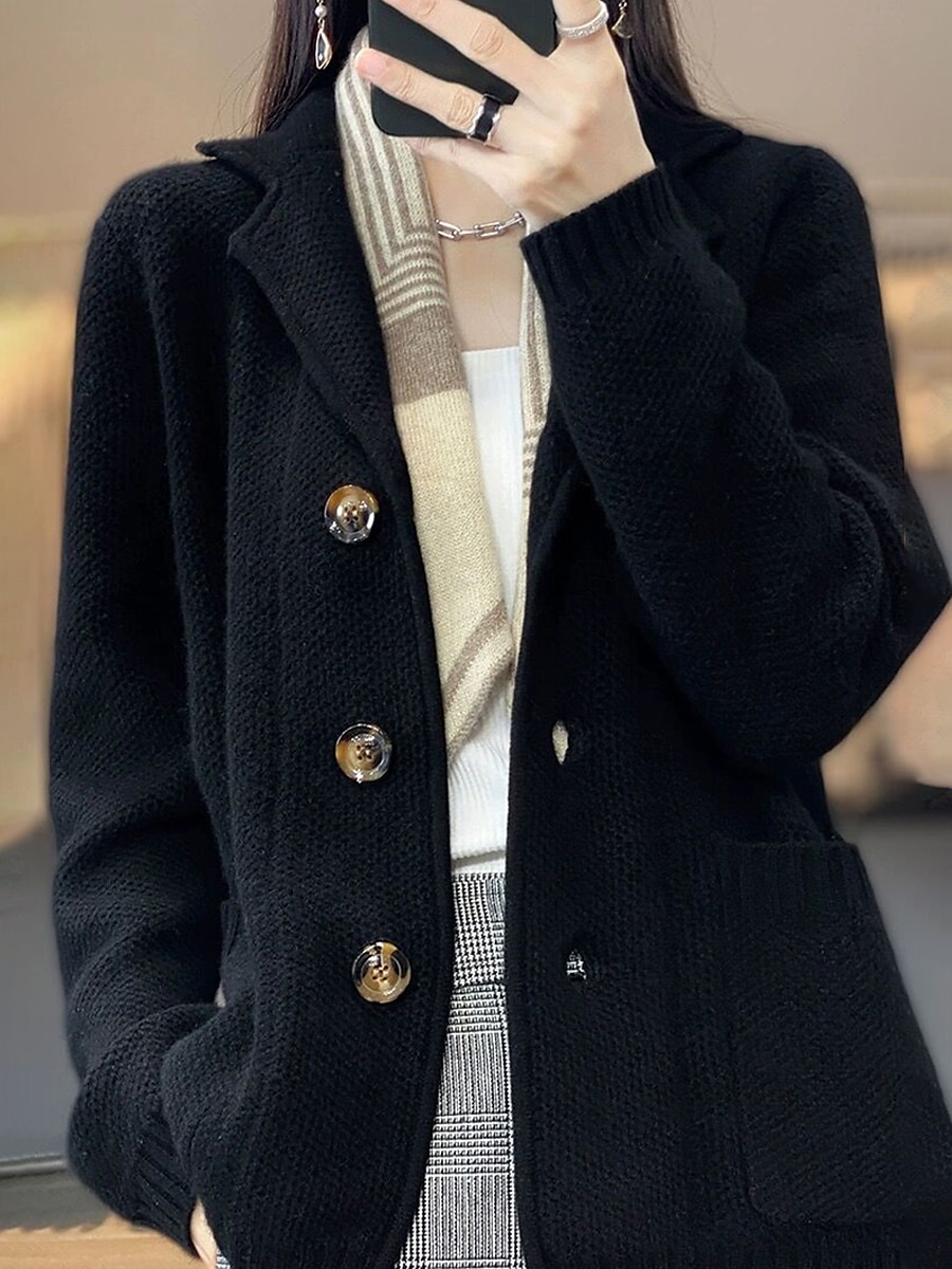 Damskie Sweter rozpinany Sweter kurtka Moda Moda miejska Codzienny Jednokolorowe Gofrowana Kołnierzyk koszuli Guziki Dzianiny Długi rękaw Zwykłe topy Robić na drutach Na zewnątrz Codzienny Wyjściowe 2025 - $55.99 –P4