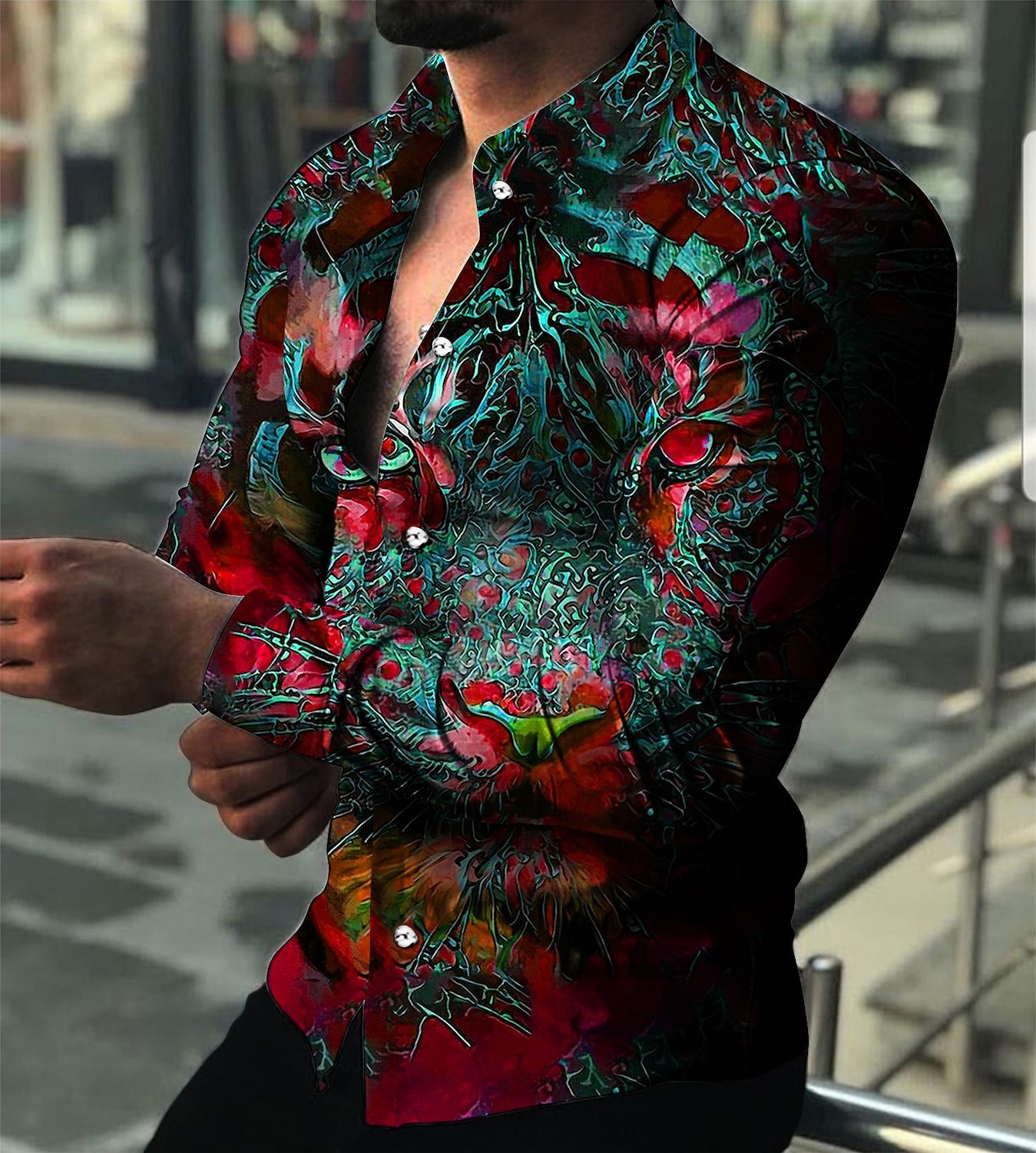 Hombre Animal Tigre Diseño Geométrico Camisa Abotonar la camisa Manga Larga Moda Design Casual Exterior Vacaciones Festivos Otoño invierno Cuello Impresión 3D Abotonar Amarillo Rojo Azul Marino Azul 2025 - $25.99 –P7