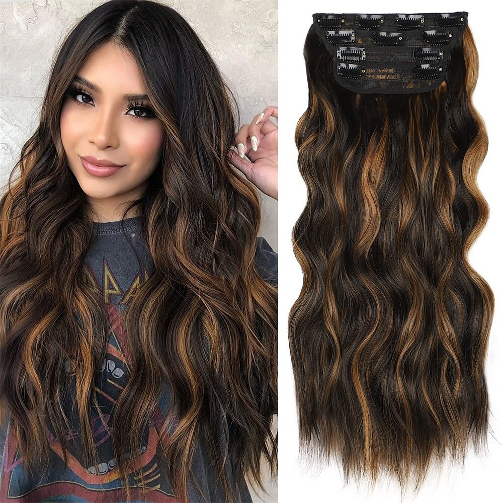 Extensões Sintéticas Clipes Cabelo Sintético Longo Alongamento Com Presilha 4pçs Macio Resistente ao Calor Fofo Mulheres de 2025 por $29.99 –P5
