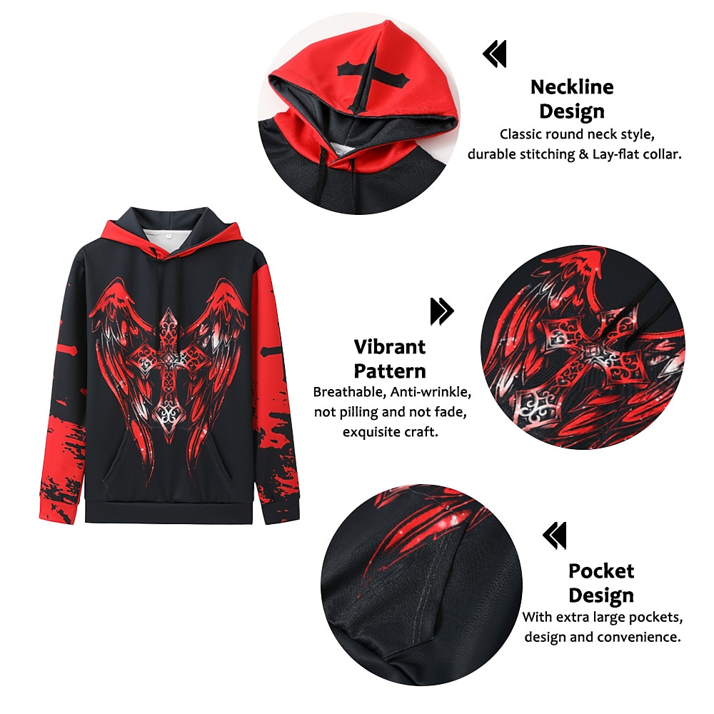 Men's Wings Templar Cross Hoodie Hoodies Sweatshirt Pullover Hoodie Sweatshirt Long Sleeve Hooded Sweatshirt Hooded Streetwear 3D Print Daily Sports Wine Red Custom Print Fall Spring & Fall Designer 2025 - $29.99 –P1