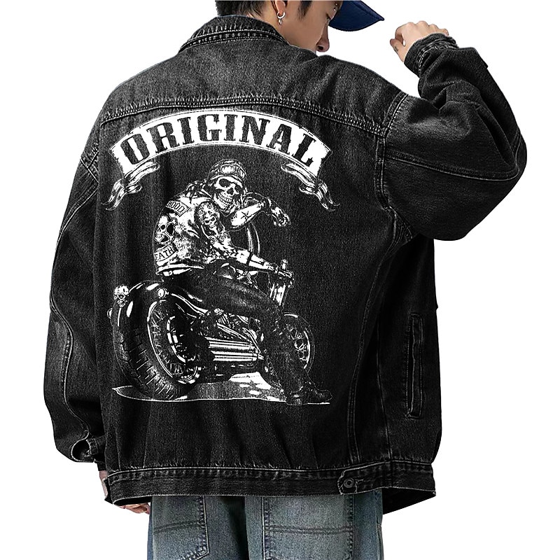 Men's Motorcycle Skulls Coat Jean Jacket Denim Jacket Breathable Comfortable Casual Sports & Outdoor Going out Weekend Buttons Print Fall & Winter Turndown Long Sleeve Black Blue 2025 - $60.99 –P2