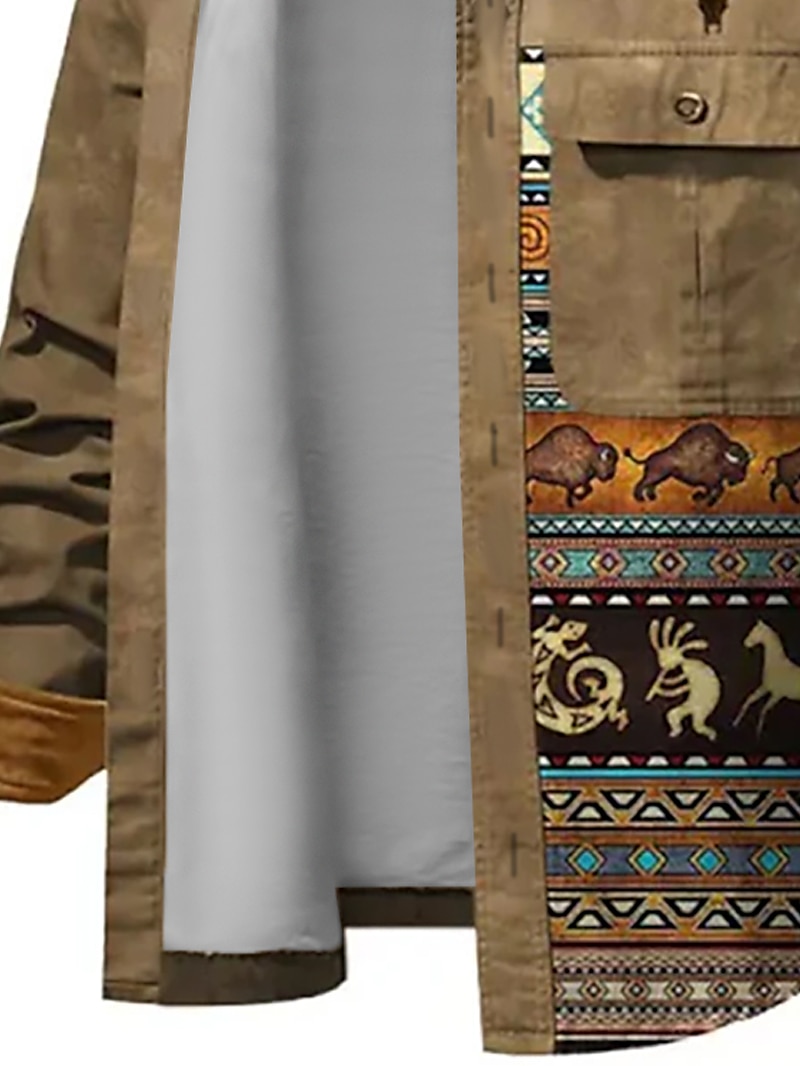 Муж. Этно Бандана с принтом Рубашка Куртка-рубашка Длинный рукав Винтаж Туземные на открытом воздухе Для улицы На каждый день Наступила зима Отложной Пуговицы Карман С принтом Коричневый 2025 - $32.99 –P3