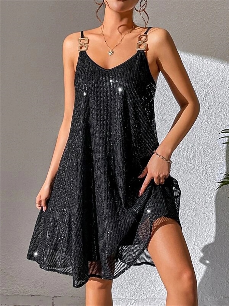 Women's Black Dress Sequin Dress Party Dress Sequins Ruched Spaghetti Strap Sleeveless Mini Dress Winter Dress Wedding Guest Black Fall Winter 2025 - $29.99 –P1