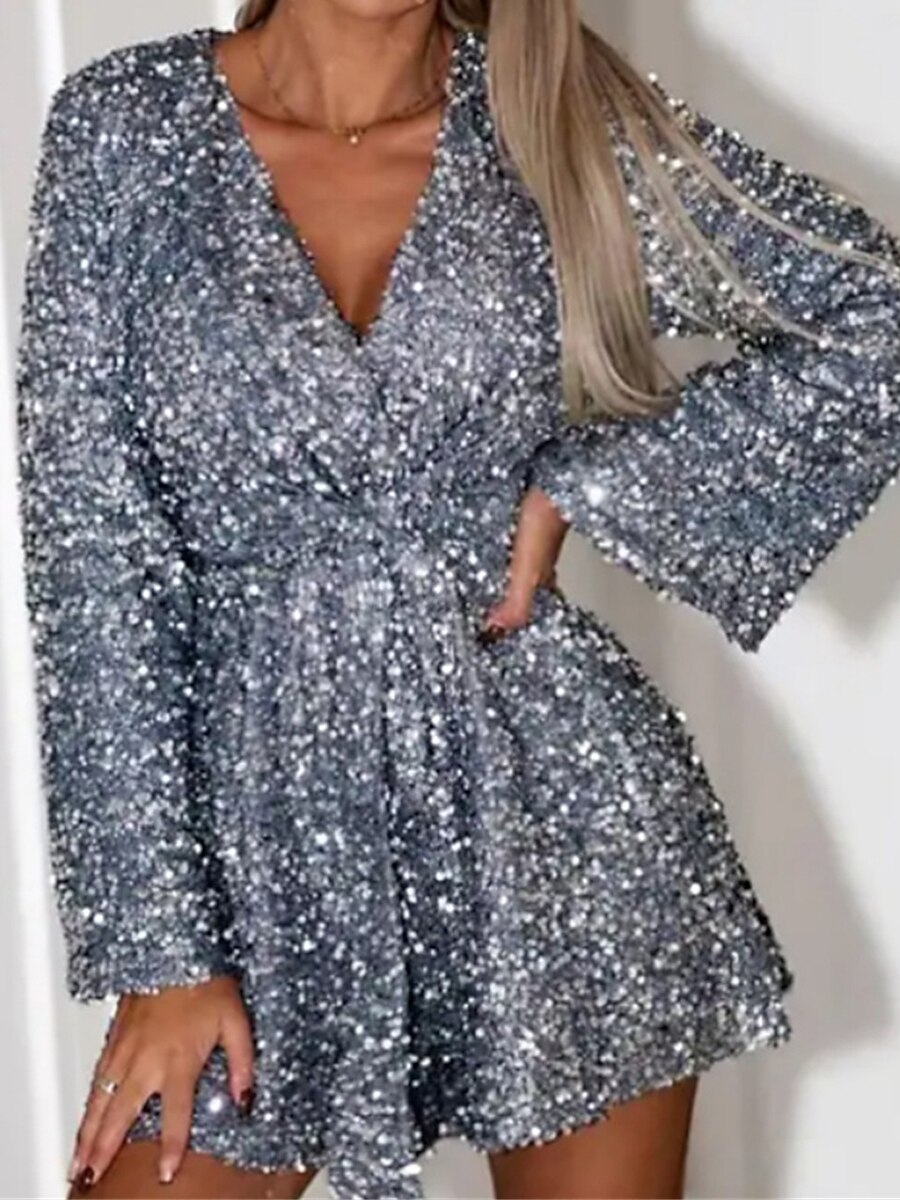 Women's Party Dress Sequin Dress Cocktail Dress Mini Dress Black Dark Green Gray Long Sleeve Pure Color Sequins Spring Fall Winter V Neck Fashion Wedding Guest Birthday Vacation 2023 S M L XL 2023 - US $32.99 –P5