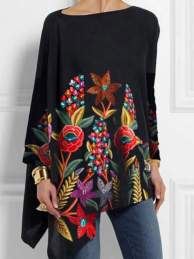 Blusa da donna maniche lunghe tunica top floreale moda spalle scoperte top regolari print vacanze fine settimana asimmetrica nera gialla rossa primavera e autunno del 2025 a $27.99 –P1